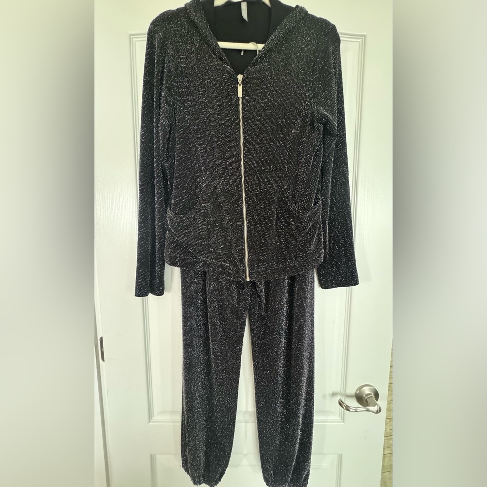 Last Tango elegant, two-piece, black, and silver hoodie set.